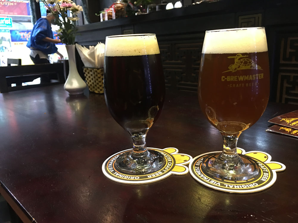 Two beers at C-Brewmaster Brewery in Saigon Vietnam
