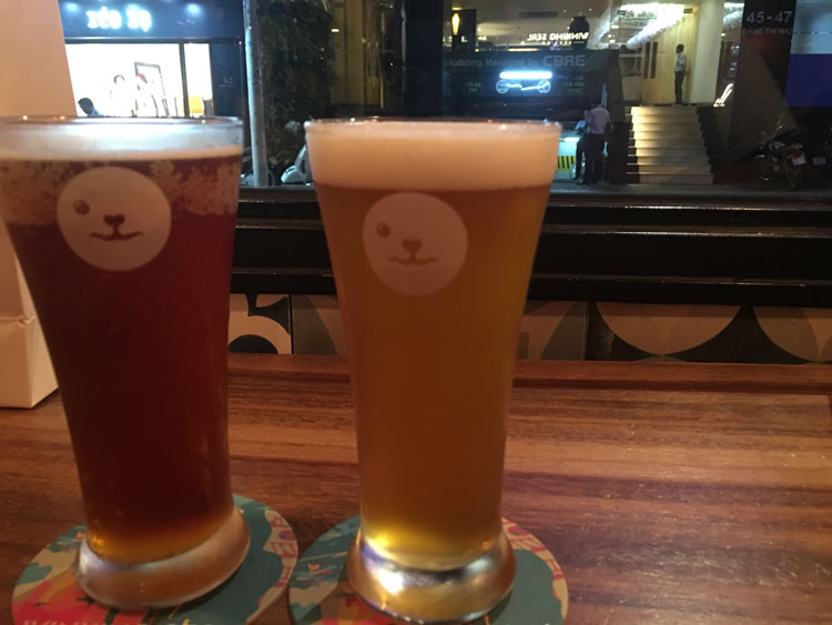Two beers at Winking Seal Brewery in Ho Chi Minh City Vietnam