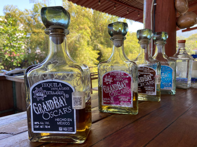 Oscars tequila tasting bottles on display in Puerto Vallarta, Mexico