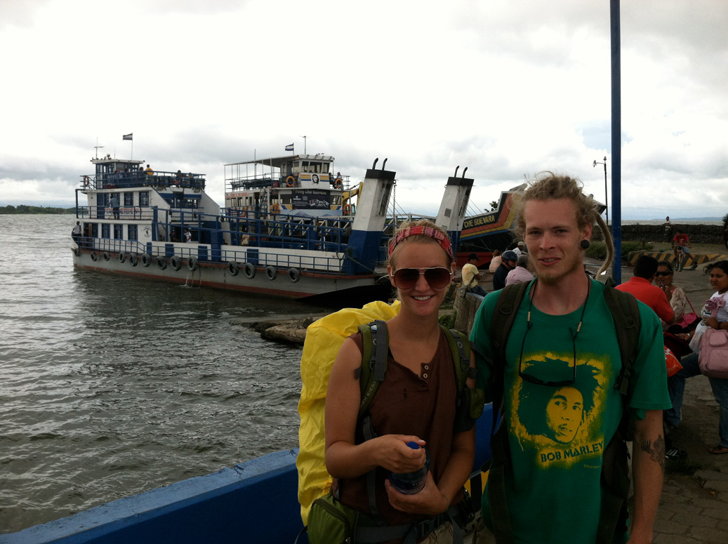 Backpackers in front of the ferry to Isla Ometepe in Nicaragua